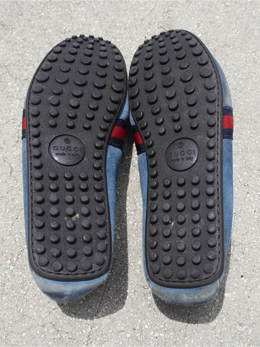 Gucci Men's Blue Suede Loafers with Red Web Stripe